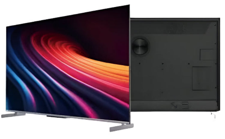 Smart TV with colorful display and back view on a white background