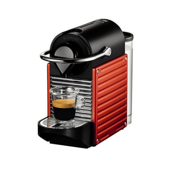 Red and black Nespresso coffee machine on a white background