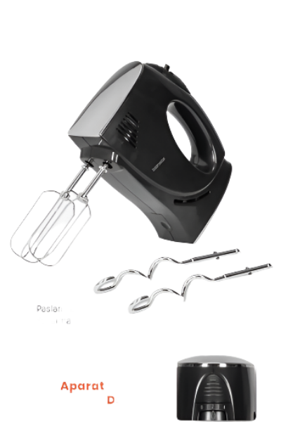 Black hand mixer with attachments on a white background