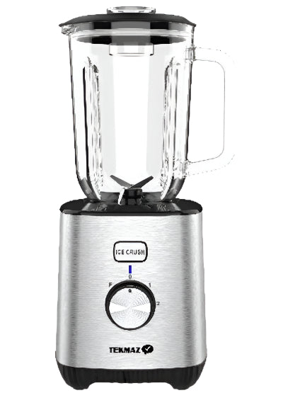 Stainless steel blender with clear container on a white background