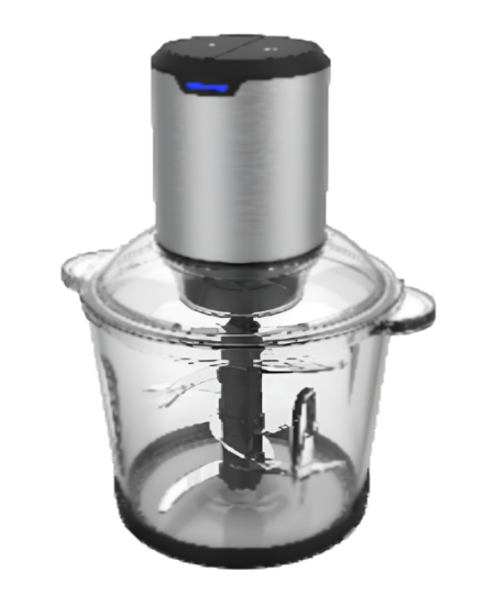 Clear food chopper with black and silver top on a white background