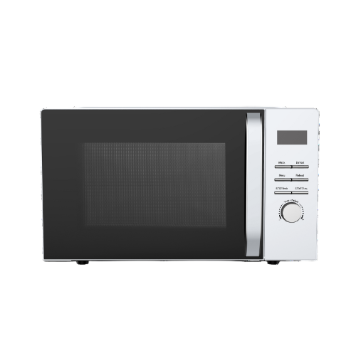 White microwave oven with black door on a white background