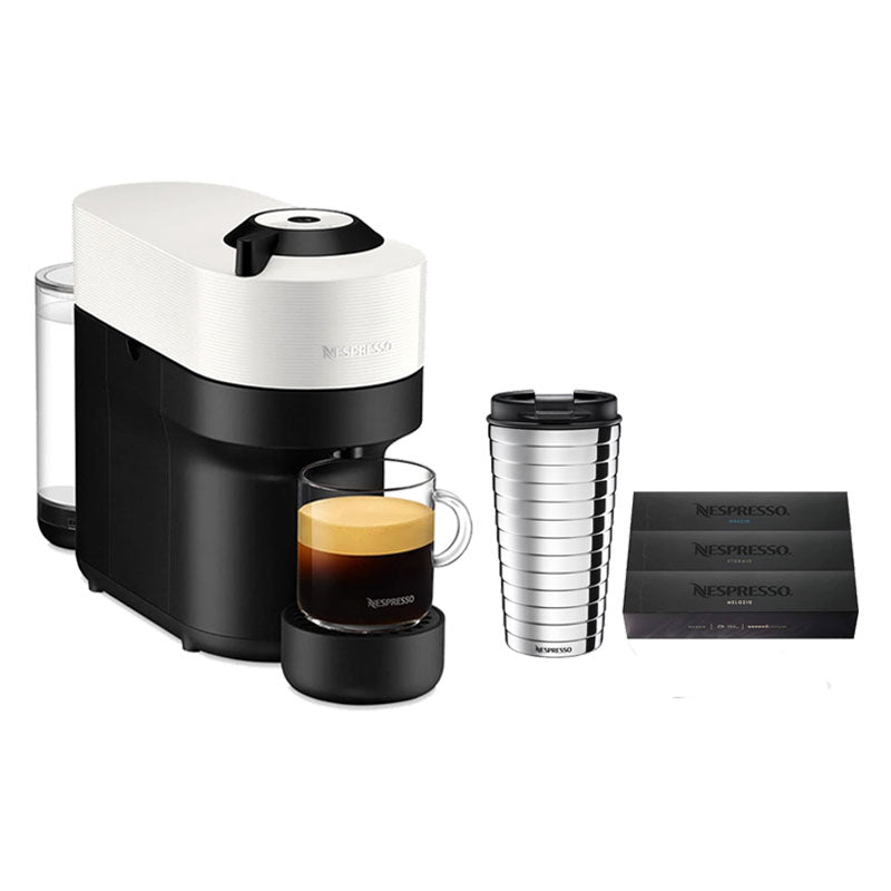 Nespresso Coffee Maker Bundle White Vertuo Pop + Travel Mug+3Sleeves