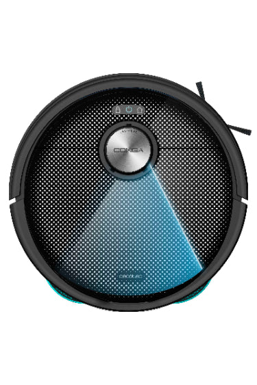 Robotic vacuum cleaner with brand logo on a white background