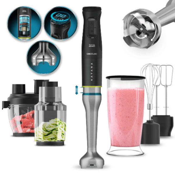 Multifunctional kitchen blender with attachments on a white background