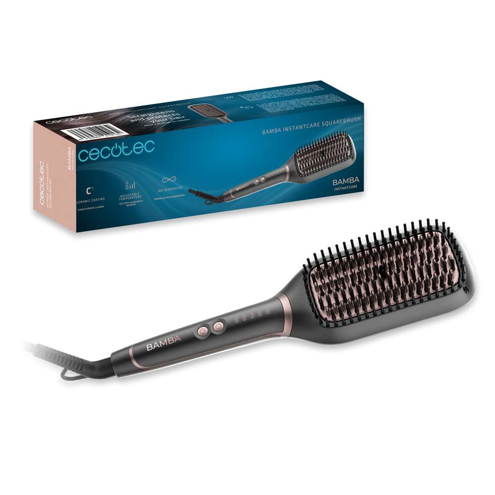 Cecotec Instant Care Square Brush, Hair straightening brush with adjustable temperature, 50Watts, Black