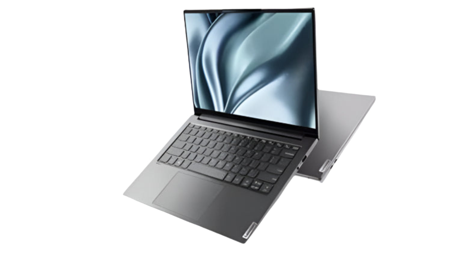 Silver laptop with open screen on a white background