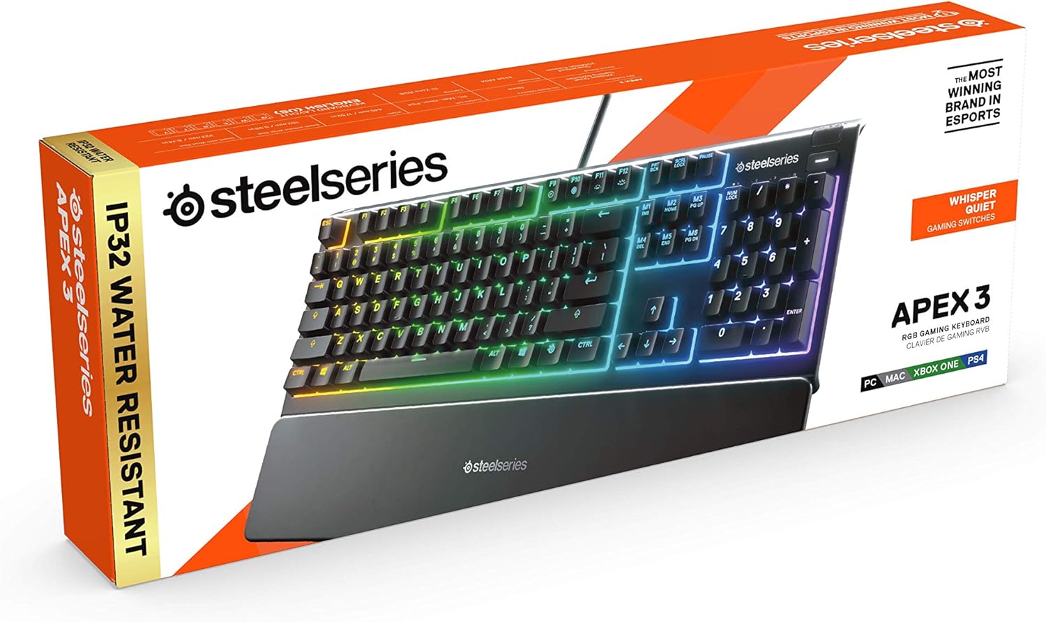 64795/SteelSeries Apex 3 - 10-Zone RGB Illumination – IP32 Water Resistant – Premium Magnetic Wrist