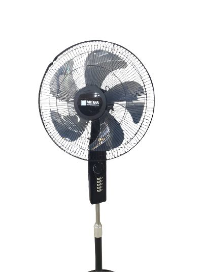 Black standing fan with 'Mega' branding on a white background