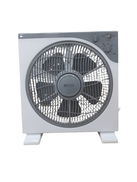 Box fan with a visible brand logo on a white background