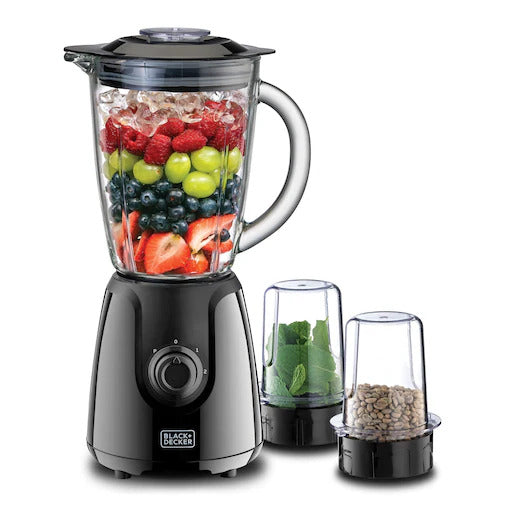 Black & Decker Glass Blender with 2Grinder, 1.5Lit, 400Watts, Black