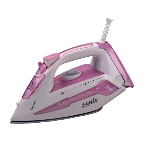 Pink and white Samix steam iron on a white background