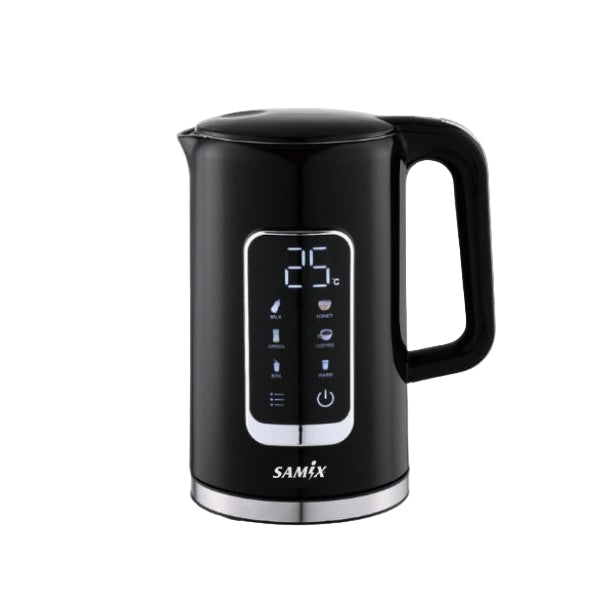 Black electric kettle with digital display on a white background