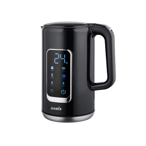 Black electric kettle with digital display on a white background