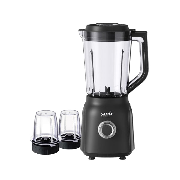 Black blender with two clear cups on a white background