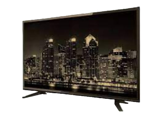 Curved TV displaying a cityscape at night on a white background