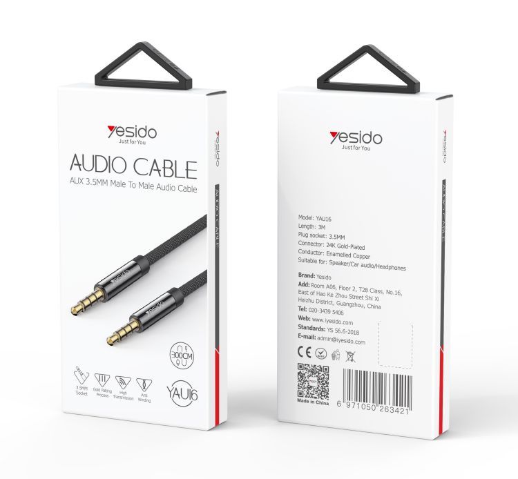 YAU-16 /Yesido Audio Cable Aux 3.5MM Standard Length: 3M Cable / Black / N/A