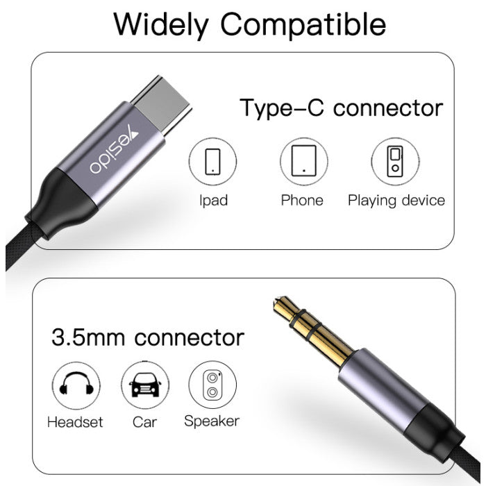 YAU-20/Yesido  3.5mm-Type C AUX  Audio cable 1M Cable / Black / N/A