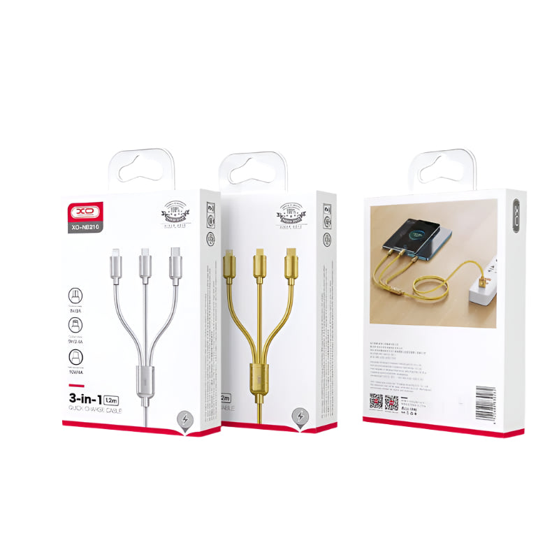XO Date Cable 3in1, Micro & Lightning & Type-C, 1.2M, Gold Series ‏
