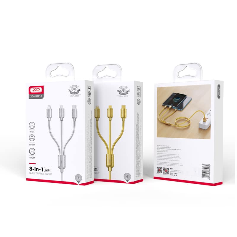 XO-NB216/Data Cable  3in1 Micro+Lightning+Type-C Gold series 1.2mþ Type-C / Black / N/A