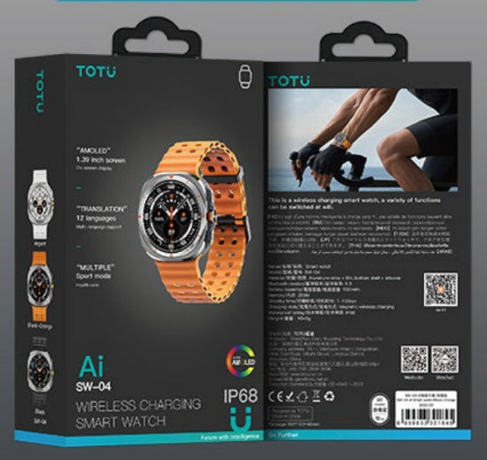 TOTU smartwatch packaging with watch illustration and text on a dark background