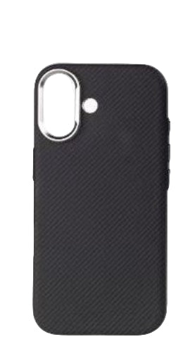 Black phone case with carbon fiber texture on a white background