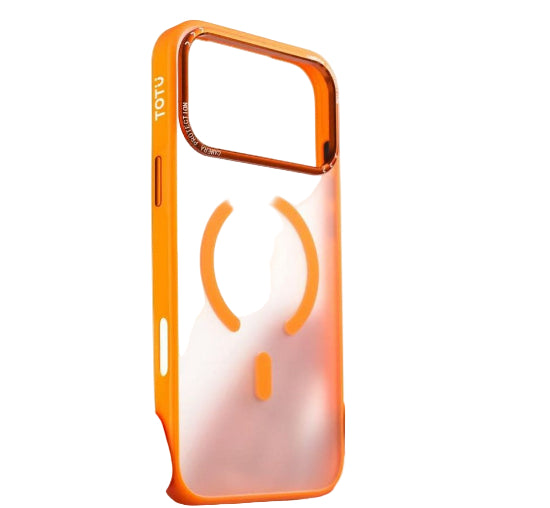 Orange phone case with a clear back held by a hand on a white background