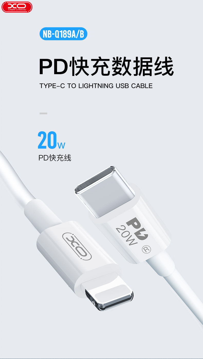 XO-NB-Q189a Type-C to lightning USB Cable-PD 20W /1000mm Type-C / Black / N/A