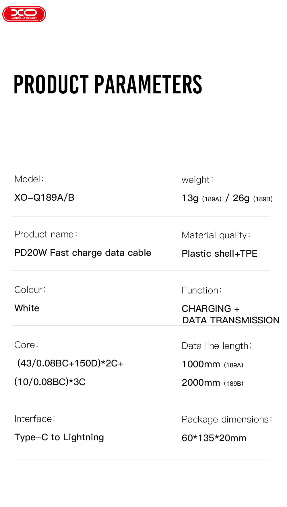 XO-NB-Q189a Type-C to lightning USB Cable-PD 20W /1000mm Type-C / Black / N/A