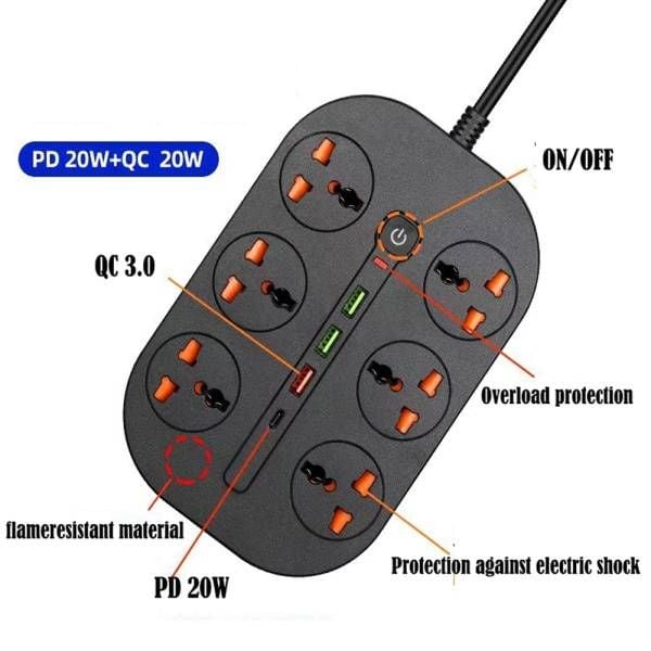 Power Socket- 6 Ac Auto Max 4.2A 3000W/ Cable 2M Power Socket- 6 Ac Auto Max 4.2A 3000W/ Cable 2M