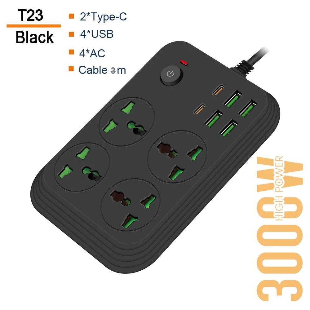 T23-3m /SHT Power Socket- 4 AC-4USB-2TYPE C  3000W/ cable 3m