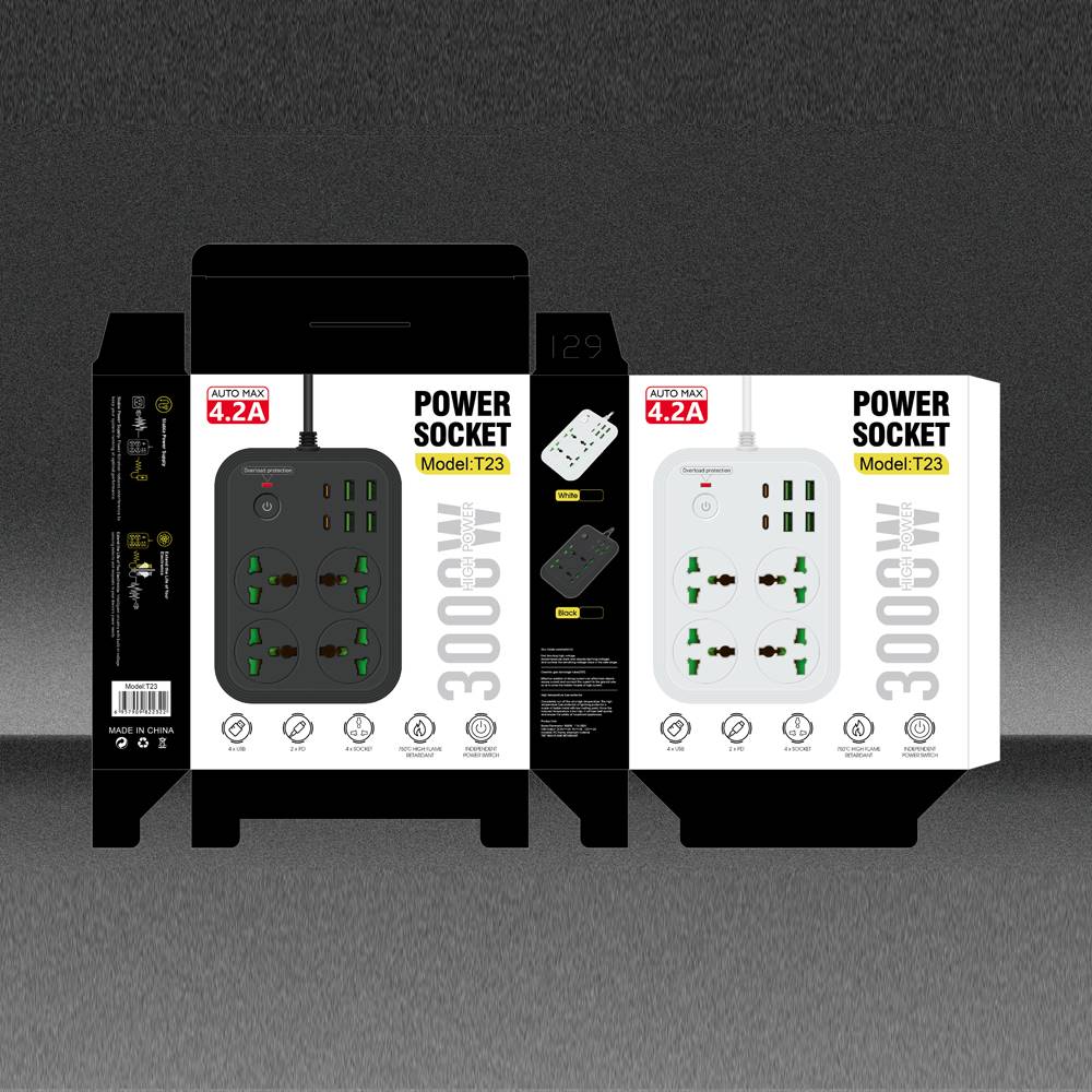 T23-3m /SHT Power Socket- 4 AC-4USB-2TYPE C  3000W/ cable 3m