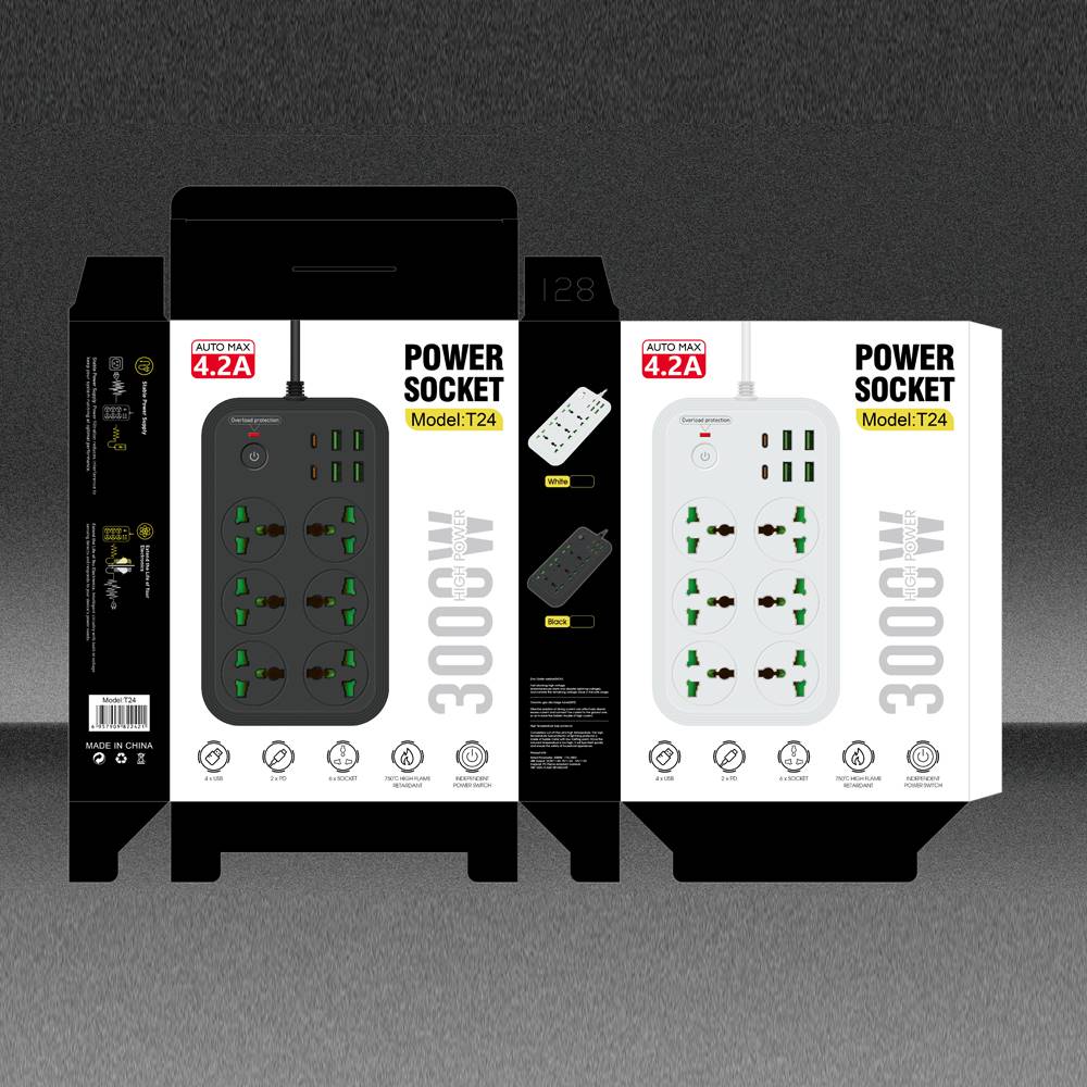 T24-3m /SHT Power Socket- 6 AC-4USB-2TYPE C  3000W/ cable 3m