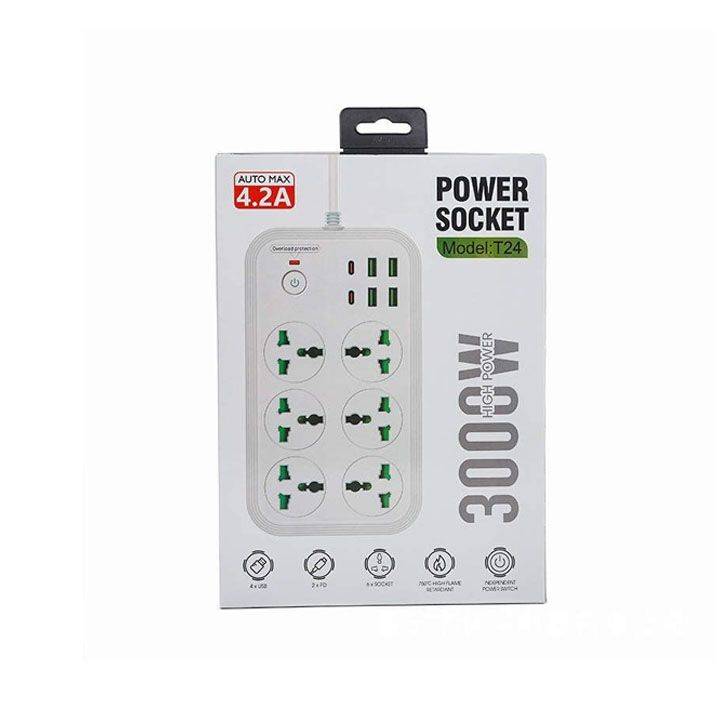 T24-3m /SHT Power Socket- 6 AC-4USB-2TYPE C  3000W/ cable 3m