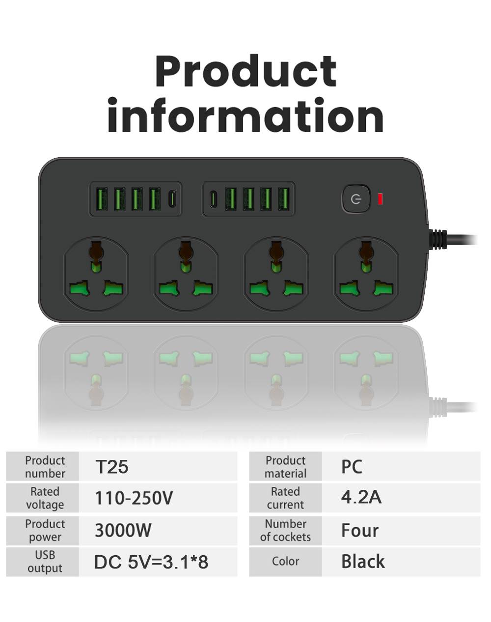 T25-3m /SHT Power Socket- 4 AC-8USB-2TYPE C  3000W/ cable 3m