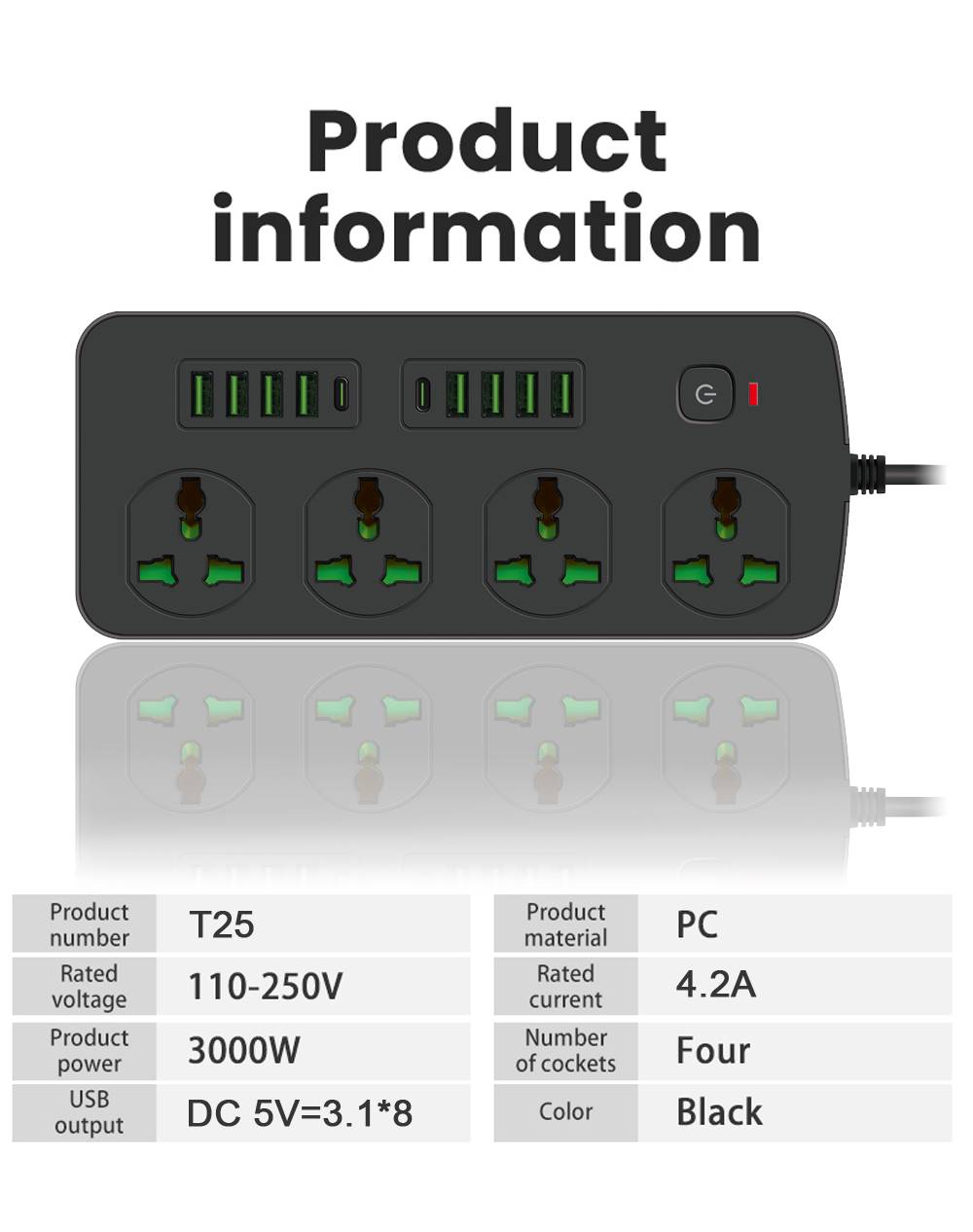 Sht Power Socket- 4 Ac-8Usb-2Type C 3000W/ Cable 3M
