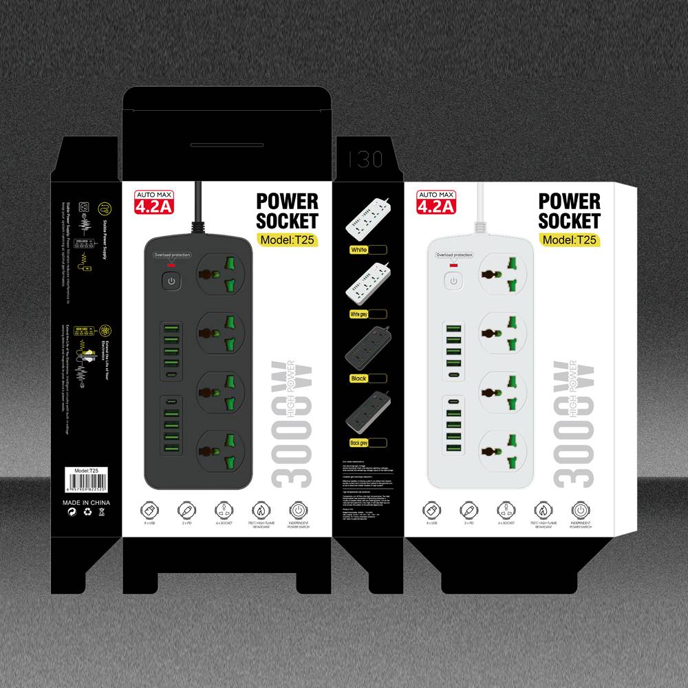 T25-3m /SHT Power Socket- 4 AC-8USB-2TYPE C  3000W/ cable 3m