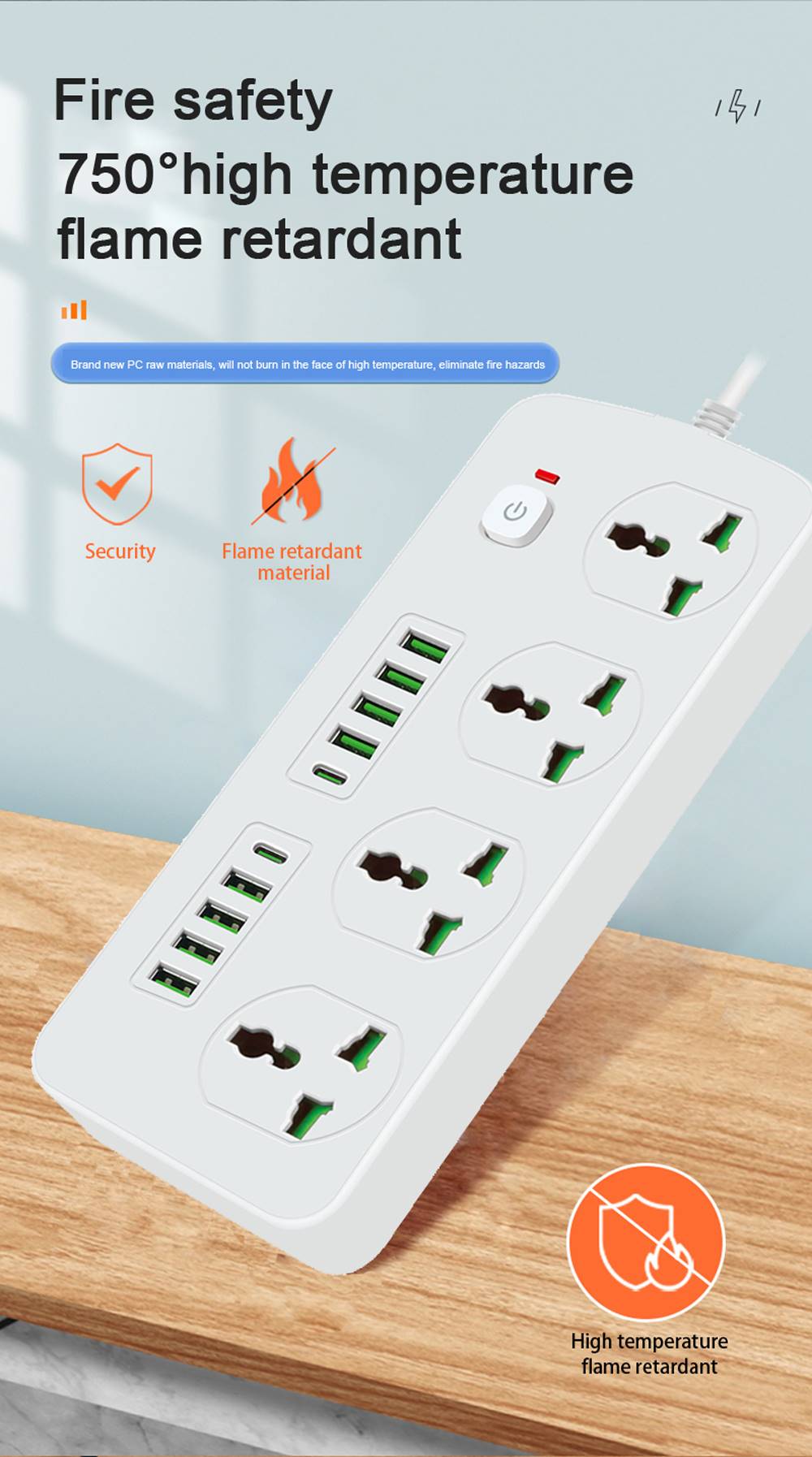 T25-3m /SHT Power Socket- 4 AC-8USB-2TYPE C  3000W/ cable 3m