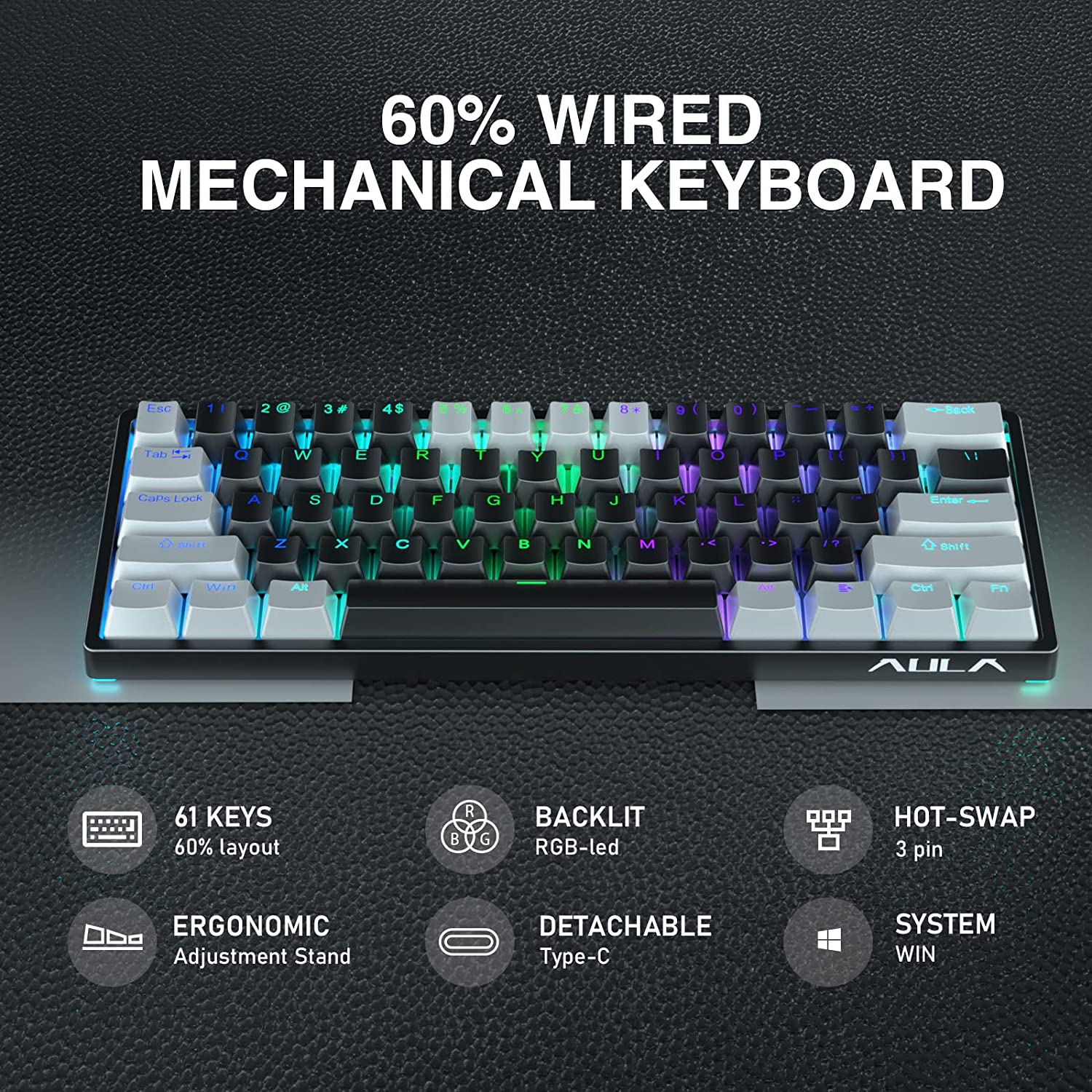 Aula RGB Gaming Mechanical Keyboard Wired, Black