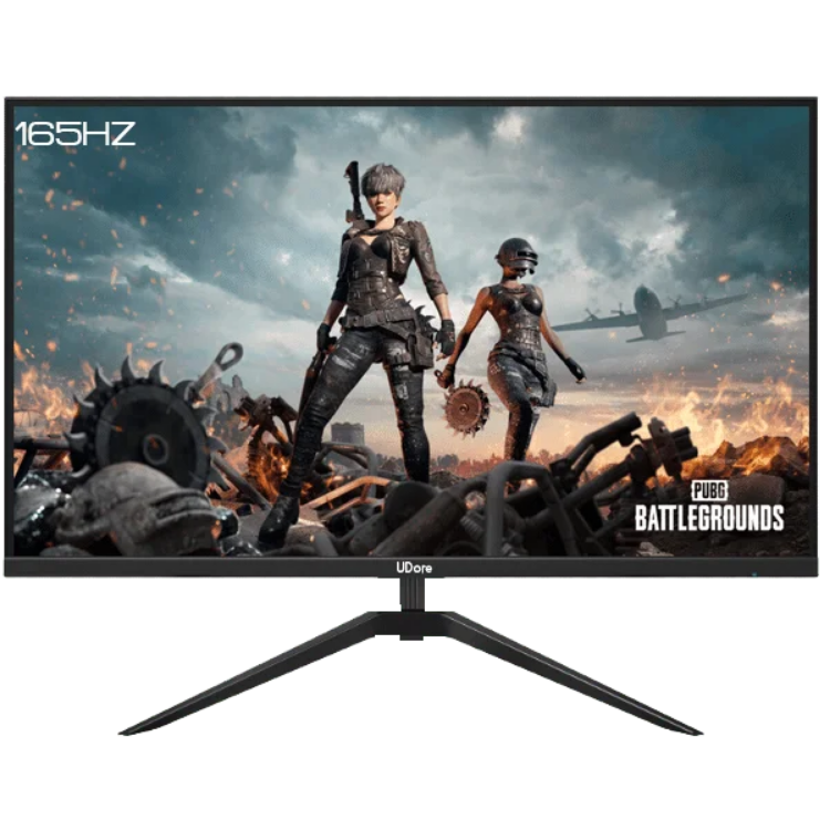 A Udore flat desktop PC monitor displaying a first-person shooter game with two characters on the screen.