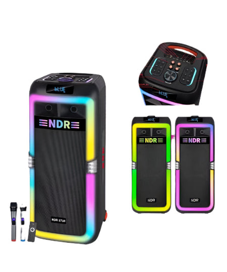 NDR wireless speaker system packaging with colorful LED lights and technical specifications.