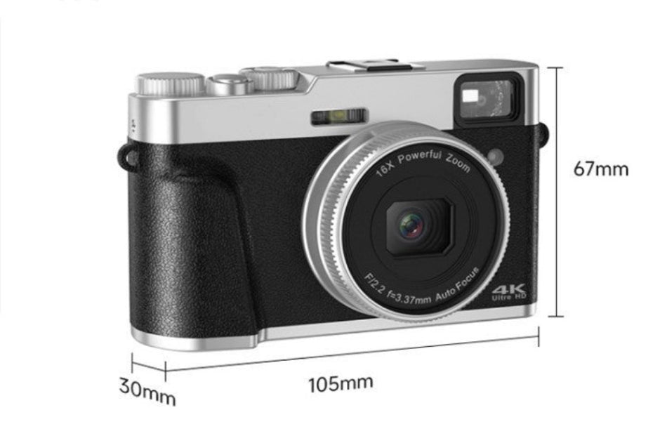 Digital camera with dimensions labeled on a white background