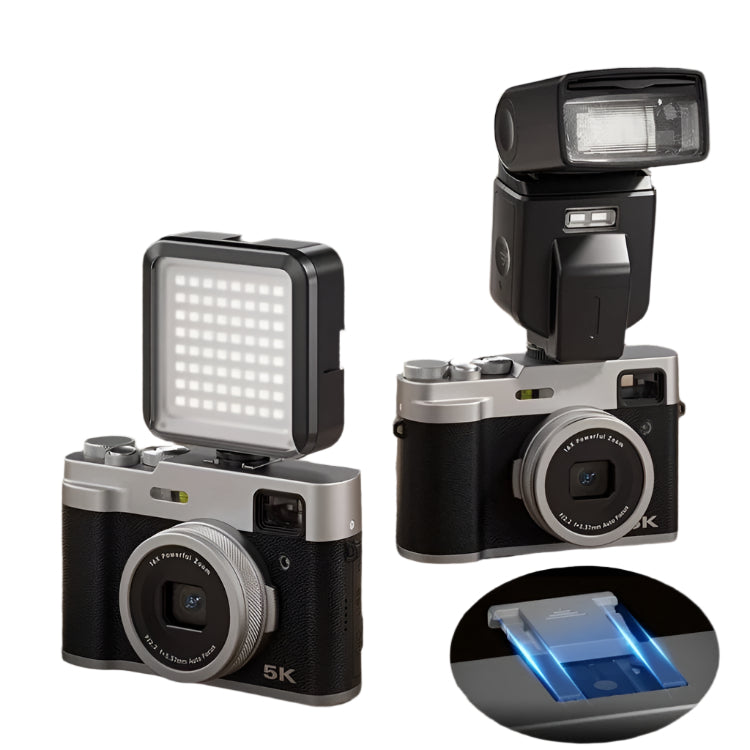 Camera with external flash and microphone on a dark background