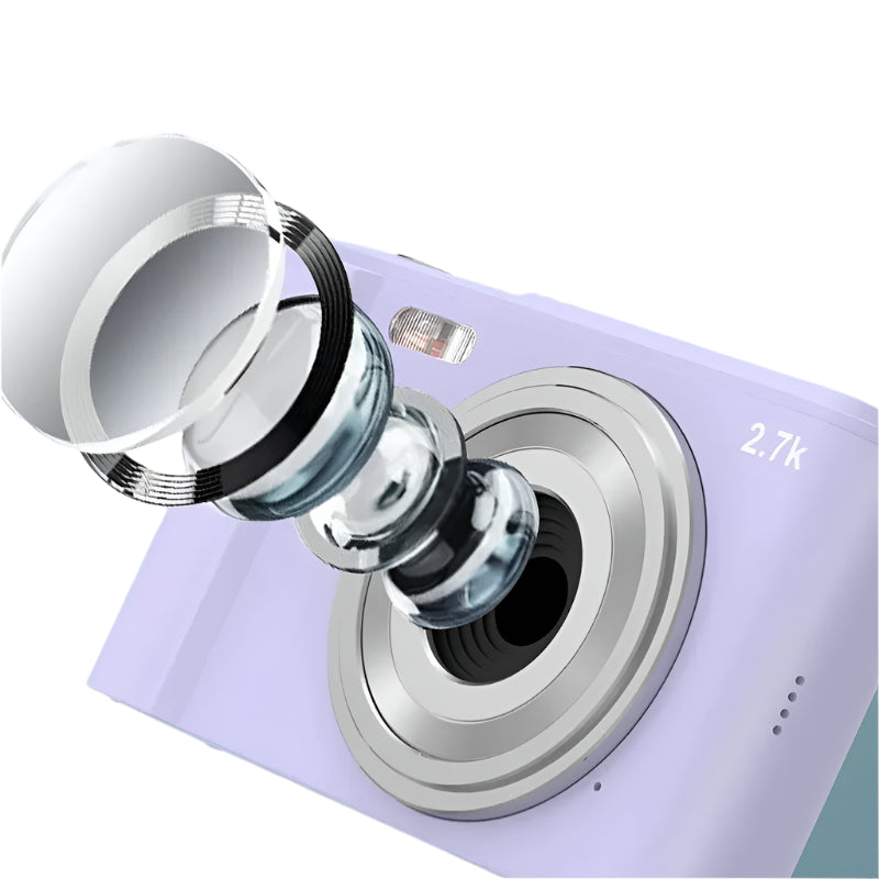Close-up of a smartphone camera with an HD 16x zoom lens on a light blue background