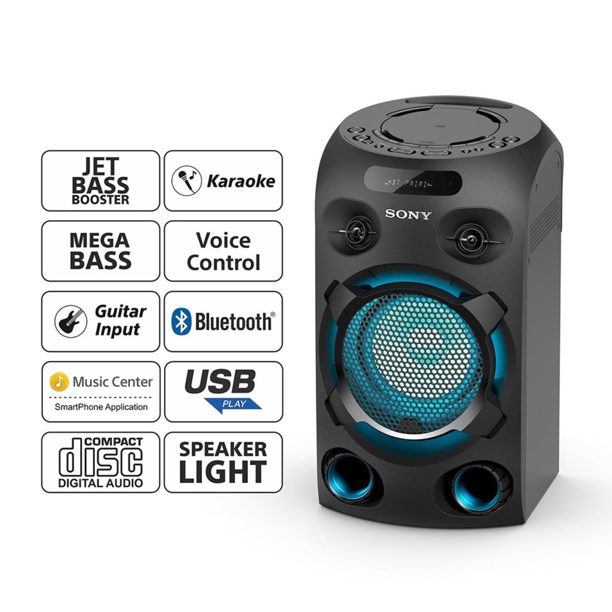 MHC-V02/C E93 /SONY igh Power Audio System with BLUETOOTH Technology , FM , CD , Long distance bass, YES / BLACK / SPEAKER LIGHT