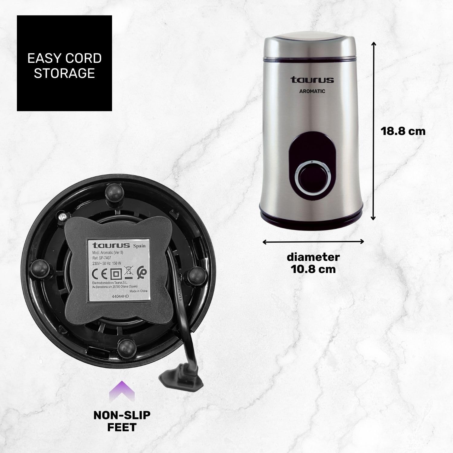 Taurus Coffee Grinder, Start at The Touch of a Button, 50Gm, 150Watts, Stainless Steel Taurus Coffee Grinder, Start at The Touch of a Button, 50Gm, 150Watts, Stainless Steel