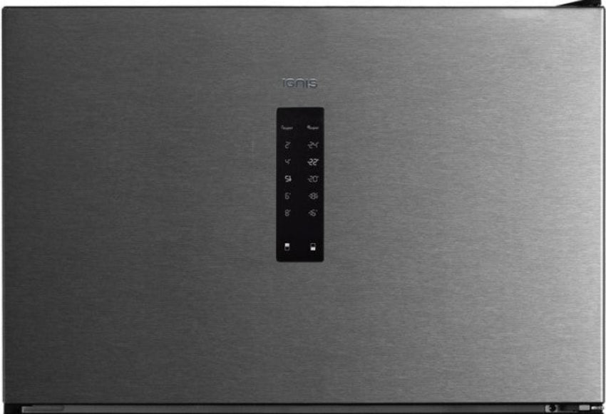Stainless steel refrigerator with control panel on a black background