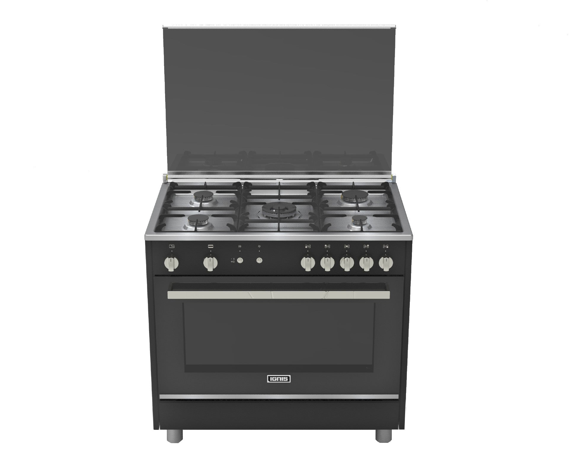 Ignis Oven 90Cm, 5Burners, Heavy Pouring Racks, Glass Top, Black