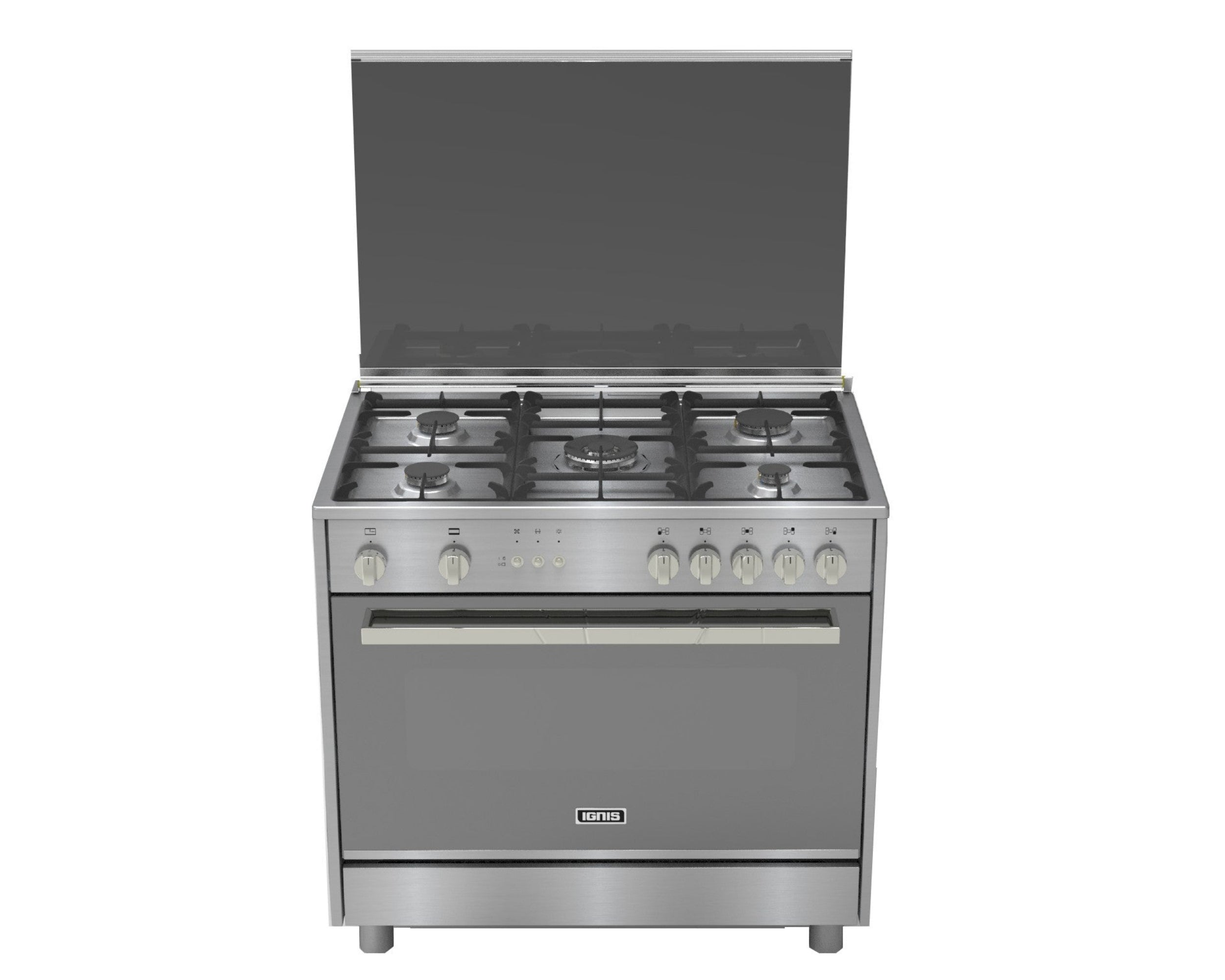 Ignis Oven 90Cm, 5Burners, Heavy Pouring Racks, Glass Top, Stainless Steel