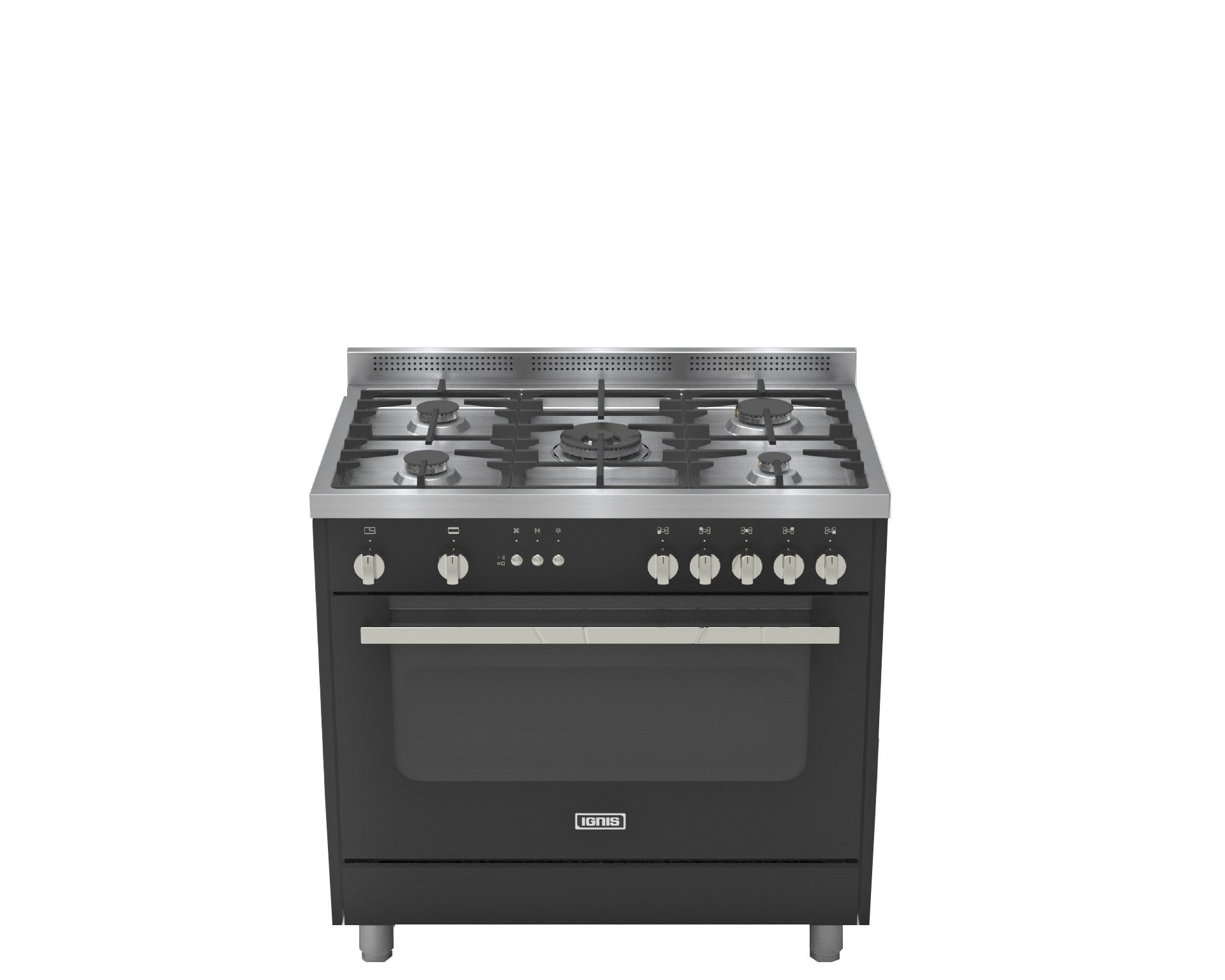 Ignis Oven 90Cm, 5 Burners, Surface height 4Cm, Large Cooking Area, Full Glass Door, Black